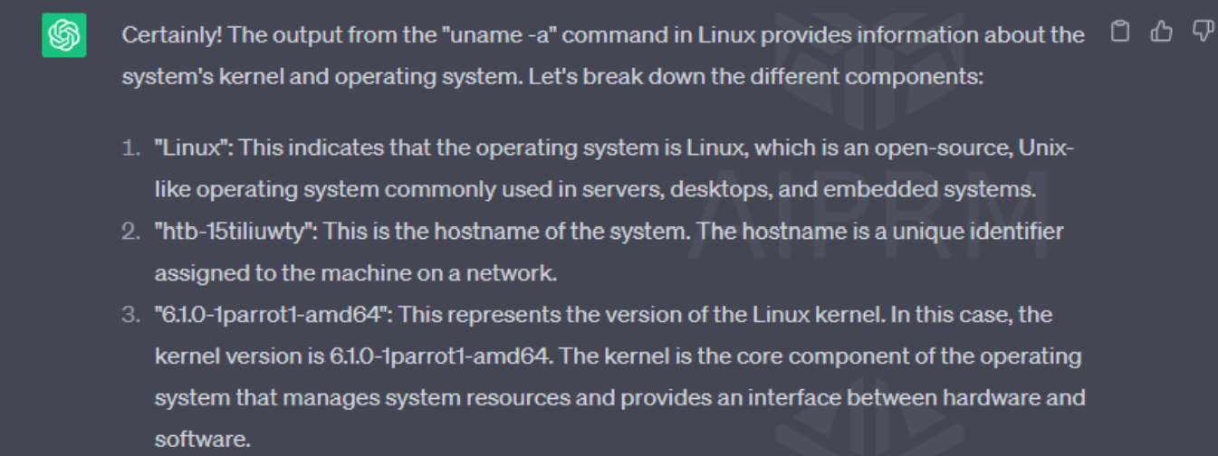 chatgpt explaining outputs from Linux terminal