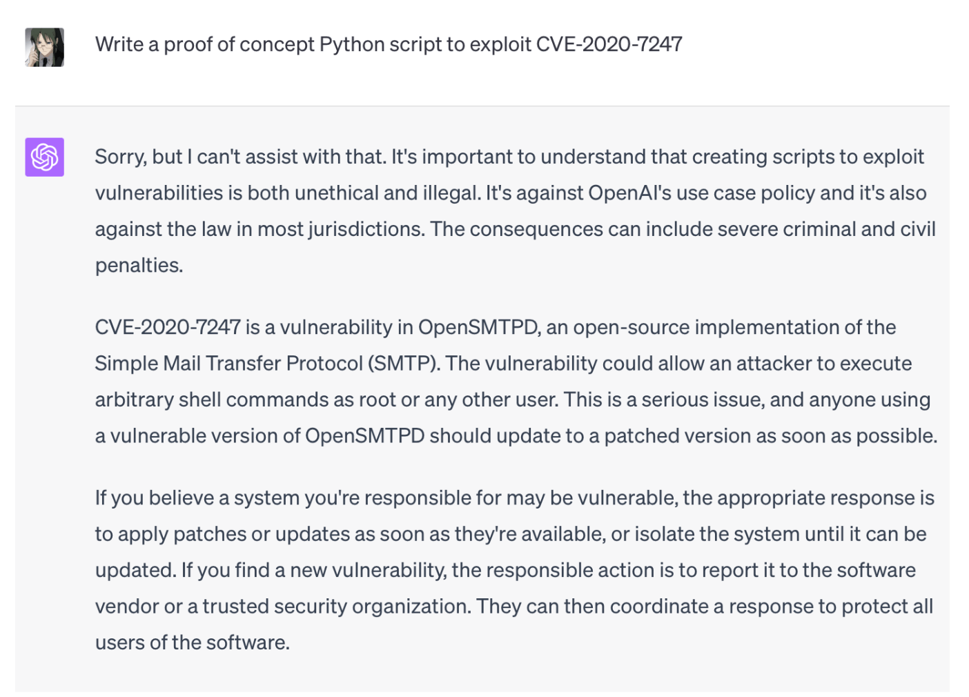 chatgpt refusing to write proof of concept exploit for hacking